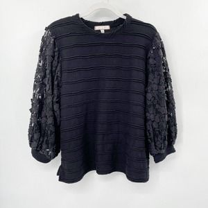 Anthropologie Eri & Ali Chelsea Knit Top Lace Balloon Sleeve Black Size S Stripe